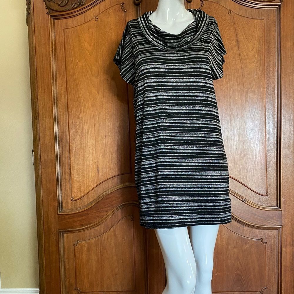 Vintage Tunic Top Black & Silver Shirt Metallic Stripe Blouse Size XL - Picture 3 of 9